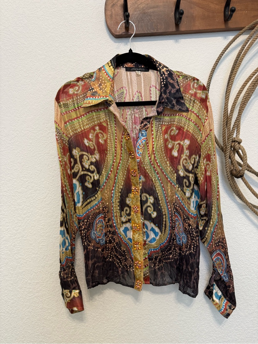 Vintage Y2K Mesmerize Sheer Paisley & Animal Print Button-Down Top - Size L